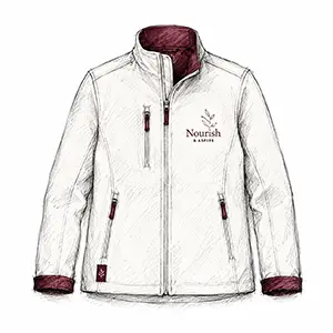 Cremefarbene Softshelljacke mit Bordeaux-Akzenten und Nourish-Logo