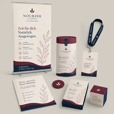 Roll-up-Display, Verpackungen, Lanyard und Broschüren mit einheitlichem Nourish-Corporate-Design
